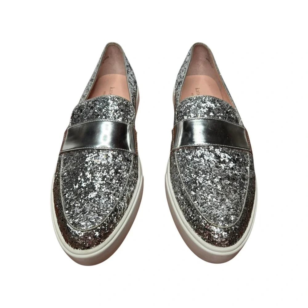 Kate Spade Clover Glitter Leather Slip-On Sneakers Silver Metallic Loafers 7.5